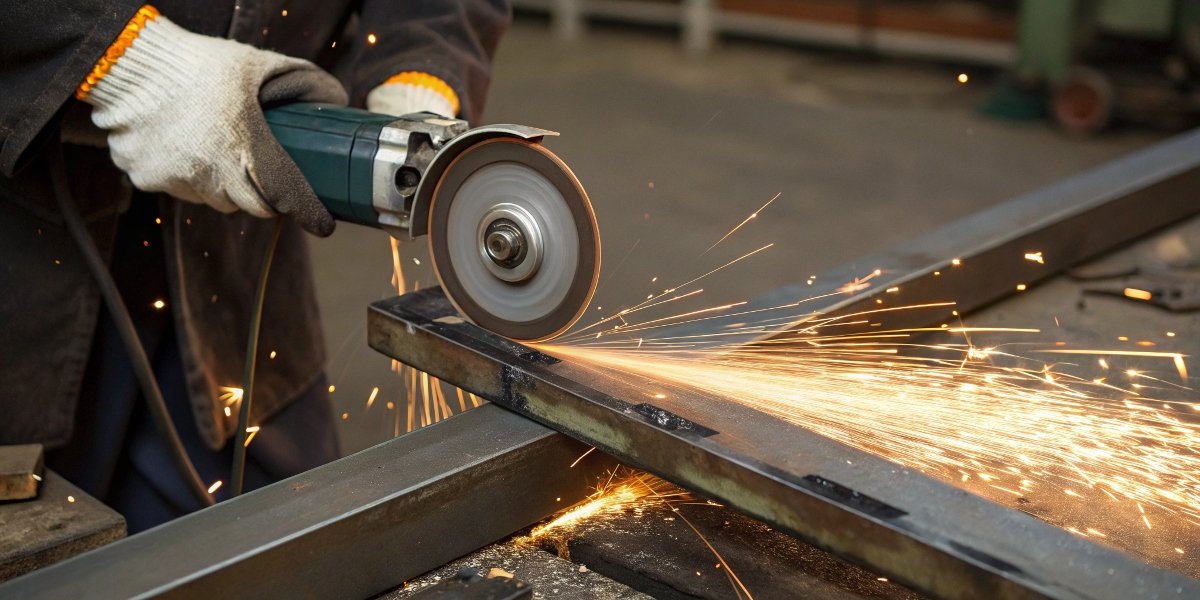 A 125mm angle grinder making a precise cut in metal