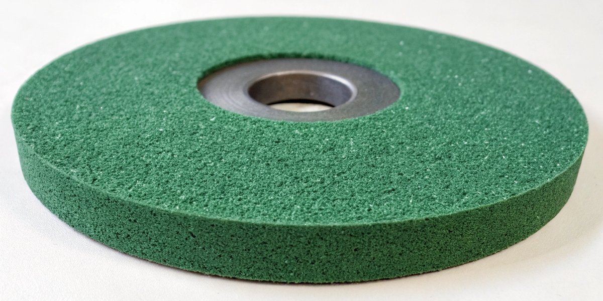 A close-up shot of a pristine green silicon carbide grinding wheel, highlighting its texture and color.