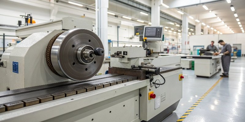 A large industrial surface grinder machine in a clean, modern factory setting
