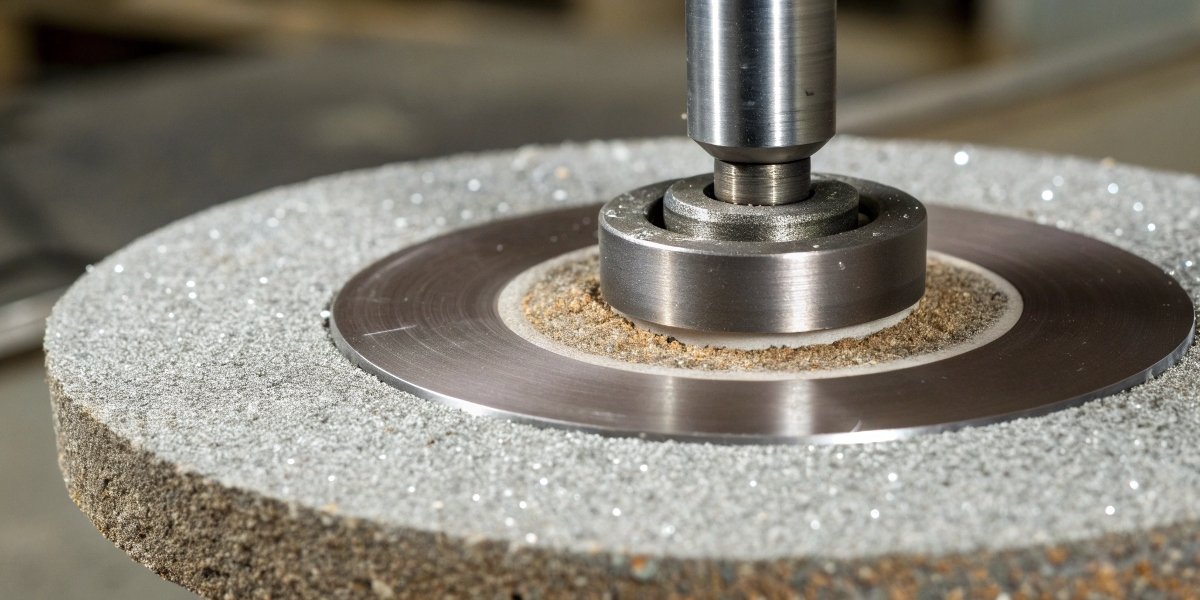A detailed cross-section of a grinding wheel showing abrasive grains embedded in a bonding agent.
