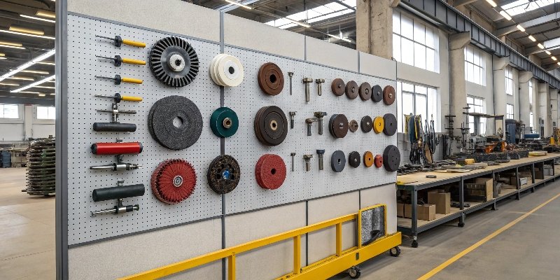 An expansive workshop wall displaying a wide variety of abrasive tools: grinding wheels, sanding belts, flap discs, and cutting-off wheels.