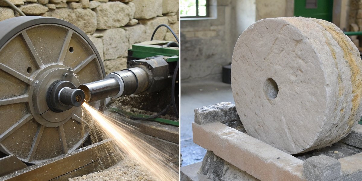A side-by-side comparison showing an ancient, hand-cranked sandstone grinding wheel and a modern, high-speed industrial grinding wheel.