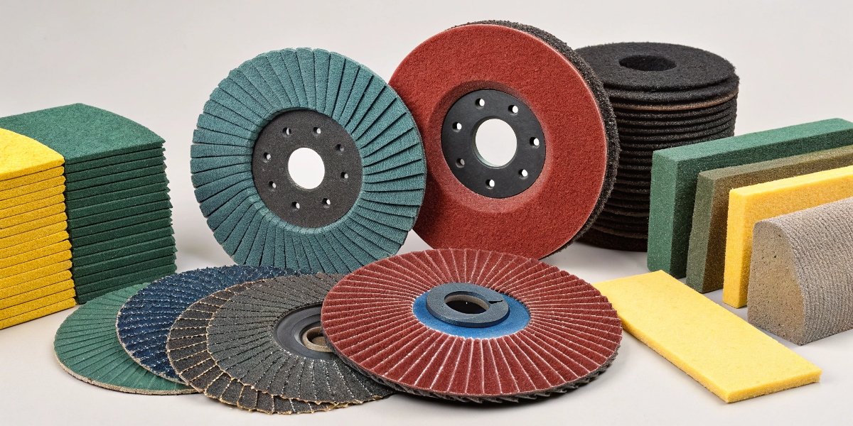 A wide shot displaying a variety of abrasive products like grinding wheels, colorful flap discs, sandpaper sheets, and cutting discs.