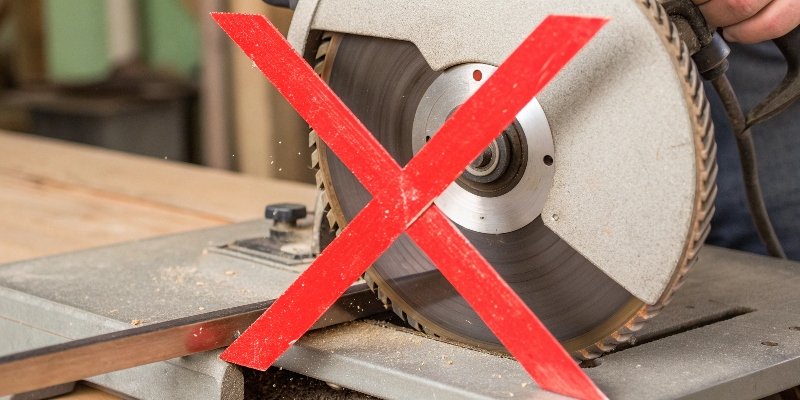 A circular saw with a large red "X" over an improperly fitted grinding wheel