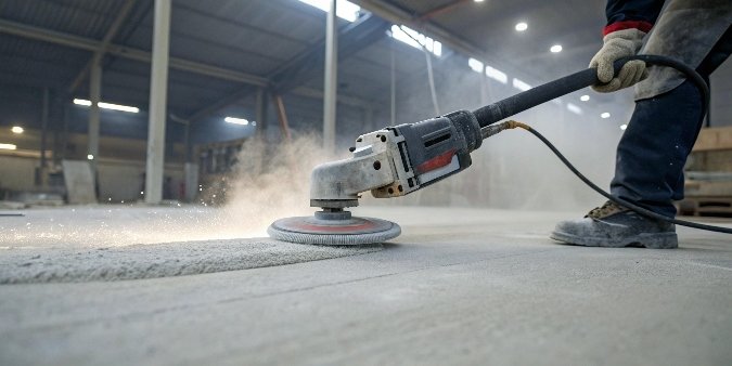 An angle grinder with a diamond cup wheel actively grinding a concrete floor, kicking up controlled dust into a vacuum shroud
