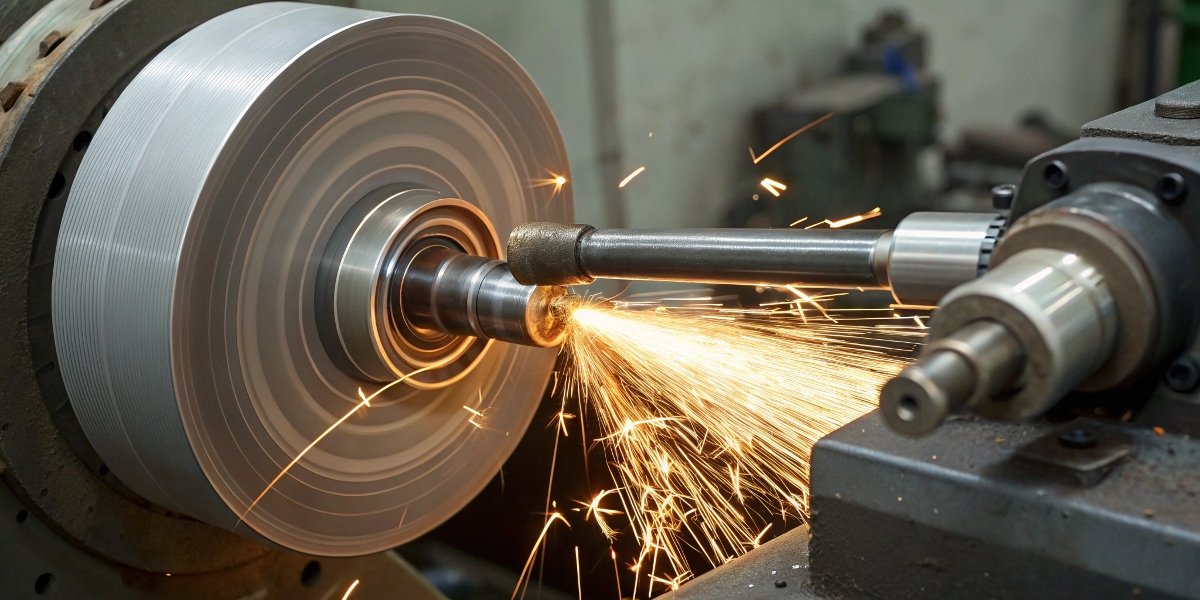 Image of a CBN grinding wheel precision grinding a high-strength steel automotive crankshaft, with sparks clearly visible.