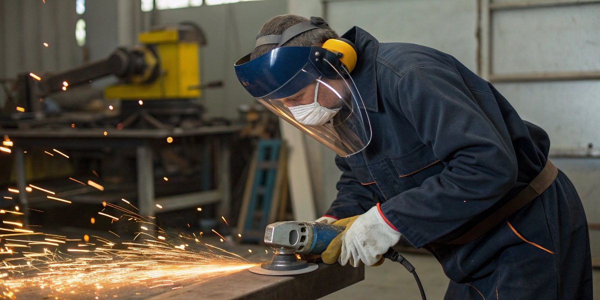 An operator using an angle grinder with full PPE including face shield and gloves
