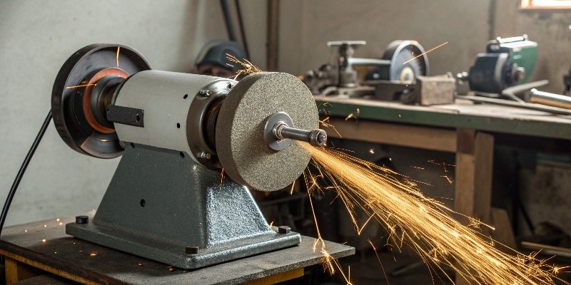 A fully equipped bench grinder showing all guards, work rests, and a properly mounted wheel