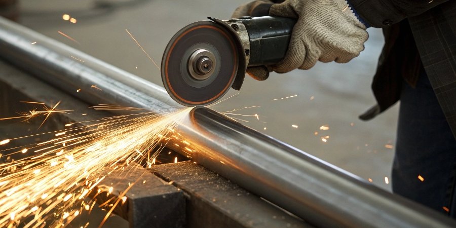 An angle grinder with a thin INOX cut-off wheel creating clean sparks as it cuts through a stainless steel tube