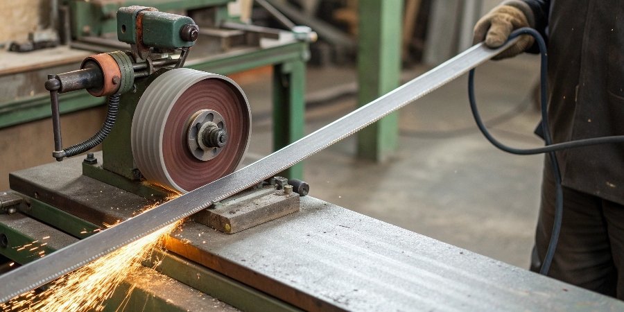 An industrial belt grinder (linisher) being used to smooth the edge of a flat metal bar