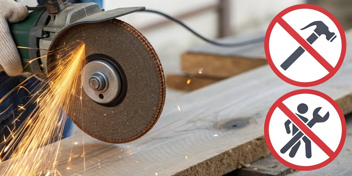 A grinding wheel with universal prohibition signs over images of wood, soft metal, and plastic.
