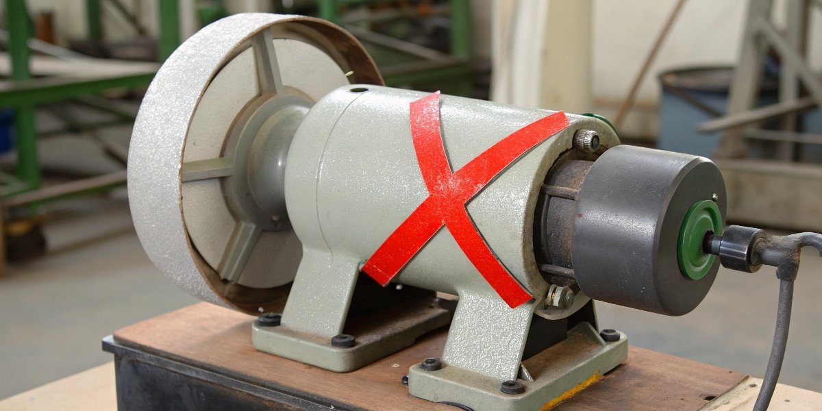 A standard bench grinder with a large red X over the side of the wheel, while the front face has a green checkmark.