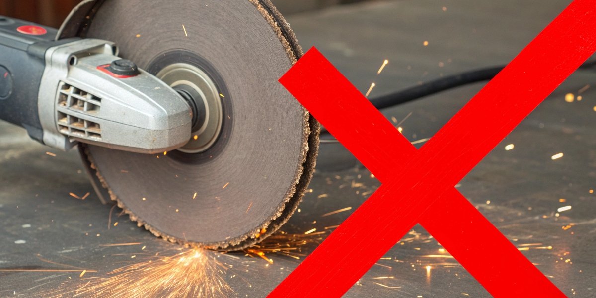 A large 9-inch cutting disc shown next to a small 4.5-inch angle grinder with a large red "X" over the image, symbolizing danger.