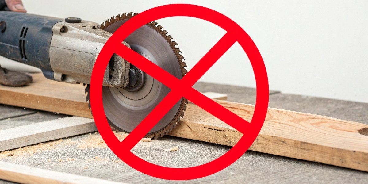 A toothed wood cutting blade on an angle grinder with a large red prohibition symbol over it