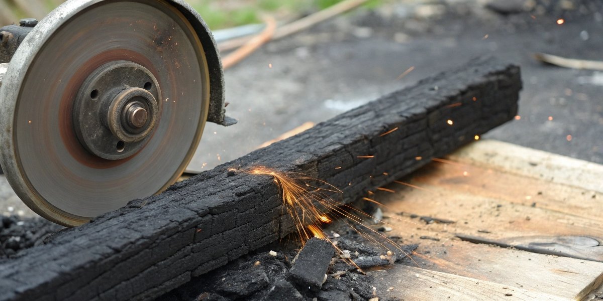 A metal cutoff wheel shown next to a badly burned and scorched piece of wood