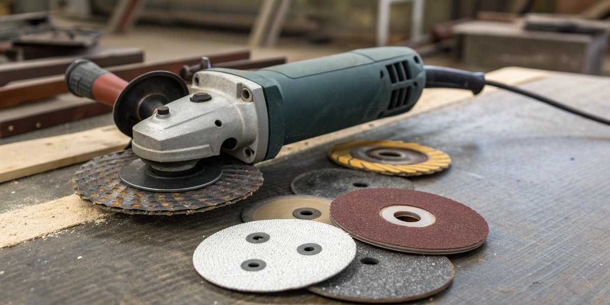 A 4.5-inch angle grinder displayed prominently in a workshop setting, surrounded by various cutting and grinding discs.