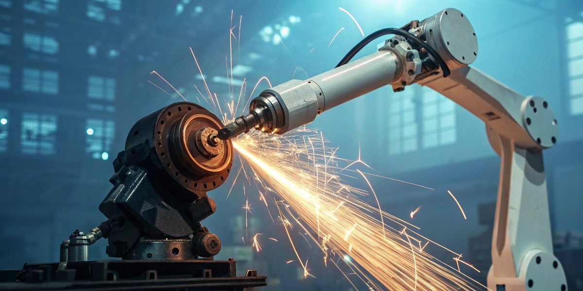 A futuristic image showing a robotic arm using a glowing grinding wheel on a complex aerospace component, with data overlays in the background.