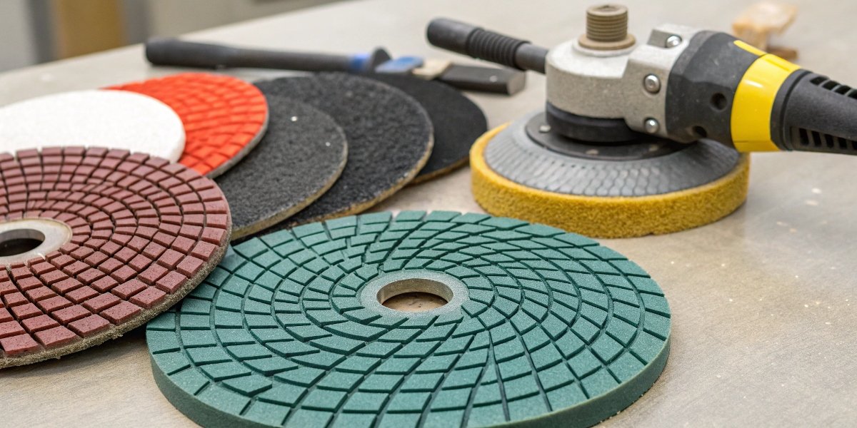 An array of stone polishing tools, including colorful diamond pads, a grinder, and a black silicon carbide disc.