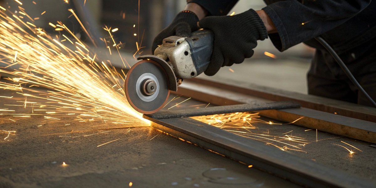 An angle grinder cutting through a thick steel plate, with sparks flying, demonstrating its maximum capability.