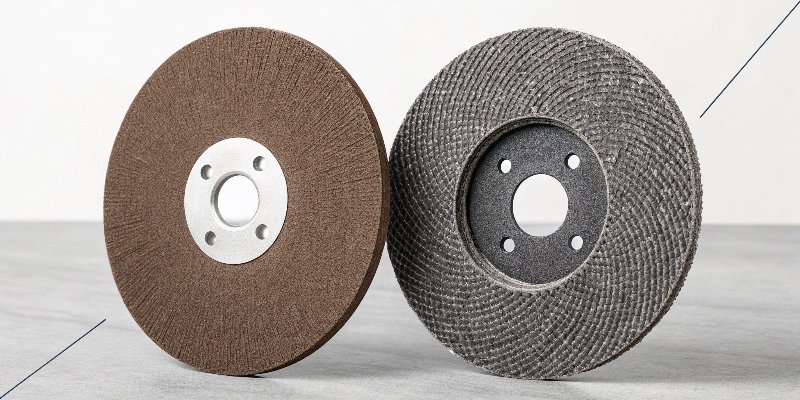 A thin abrasive cutting wheel placed next to a thick abrasive grinding wheel for comparison