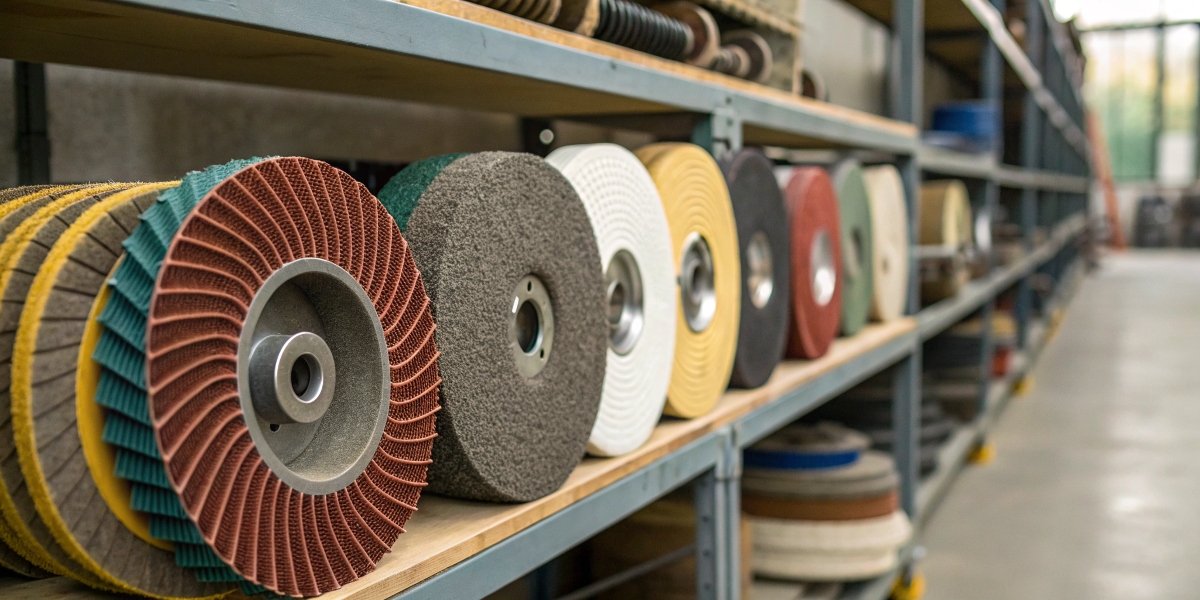 A variety of grinding wheels with different colors and sizes, suitable for different materials, are neatly arranged on a workshop shelf.