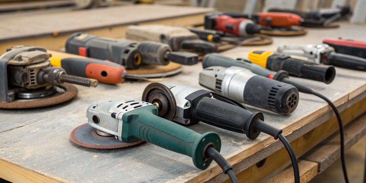 A collection of various angle grinders of different sizes, both corded and cordless, arranged on a workshop bench.