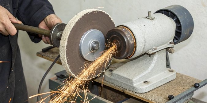 A bench grinder with its side guard removed, showing the grinding wheel on the arbor with the nut visible