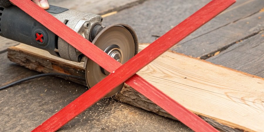 An angle grinder with a metal cutoff wheel next to a piece of wood, with a large red "X" over the image
