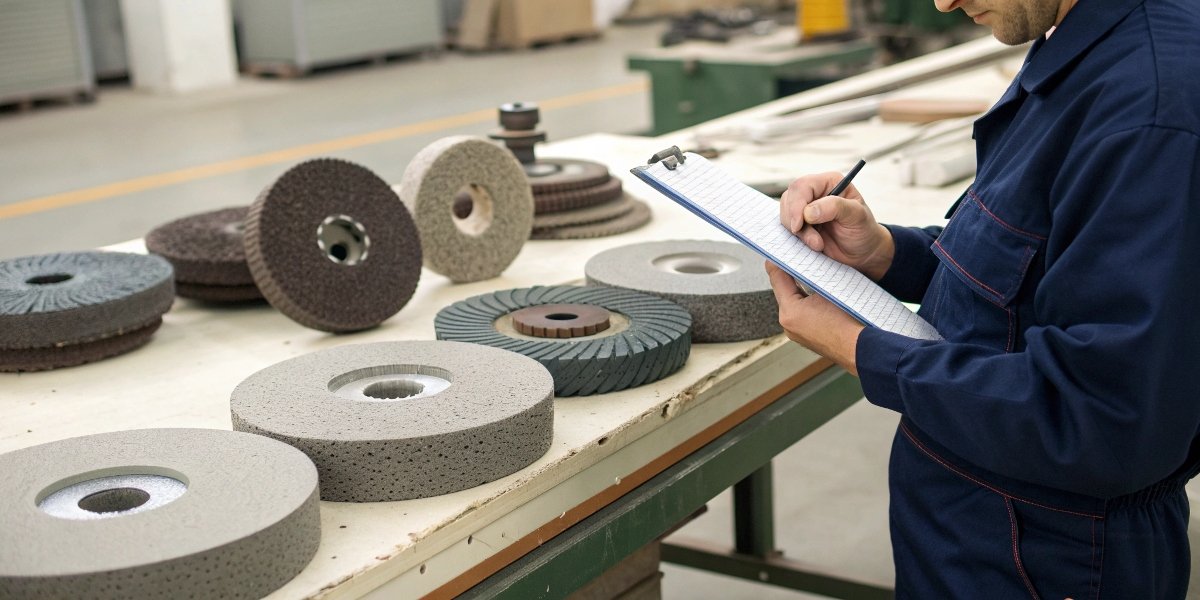 A technician carefully inspecting a variety of grinding wheels with a checklist.
