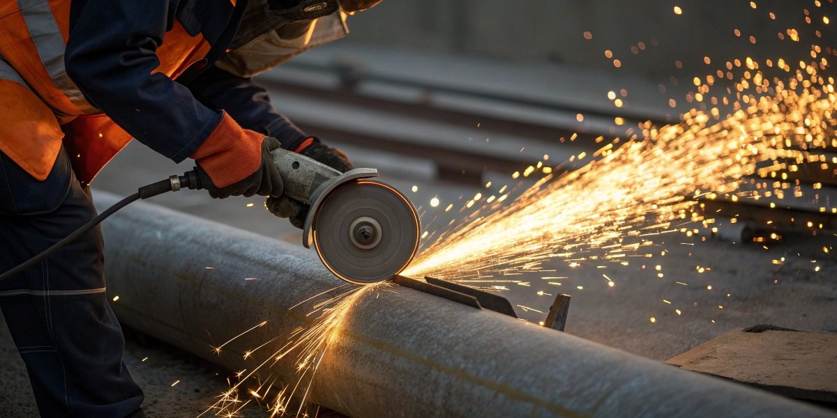 An operator wearing safety gear, confidently using an angle grinder with a metal cutting disc to cut a steel pipe, sending a shower of sparks.