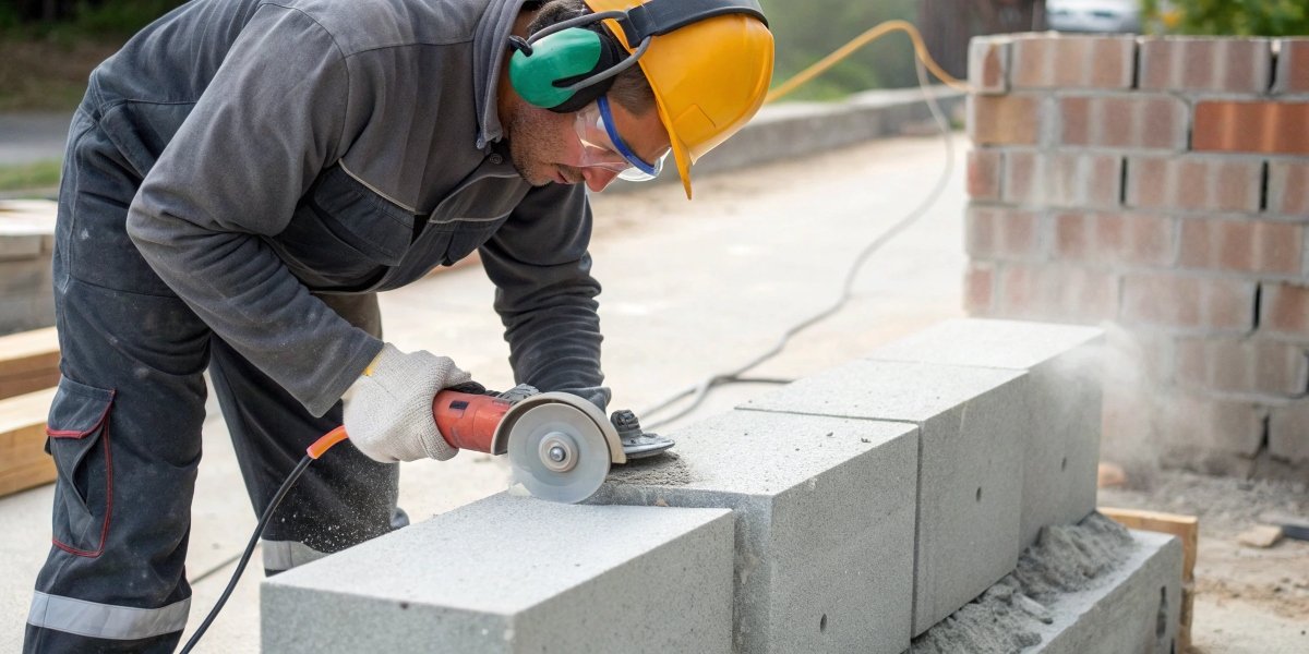 A worker safely cutting a concrete block outdoors with an angle grinder and a diamond blade
