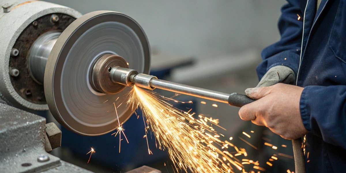 A technician carefully dressing a diamond grinding wheel with a dressing stick, creating a shower of sparks.