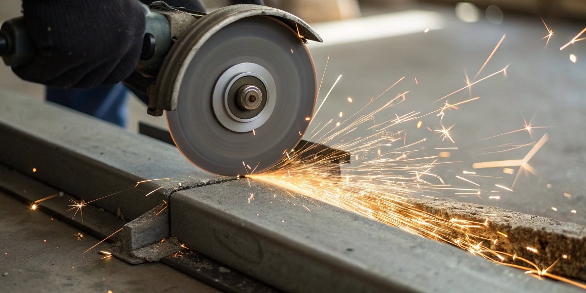 A close-up shot of a diamond cutting disc on an angle grinder cleanly slicing through a piece of hardened steel, with minimal sparks.
