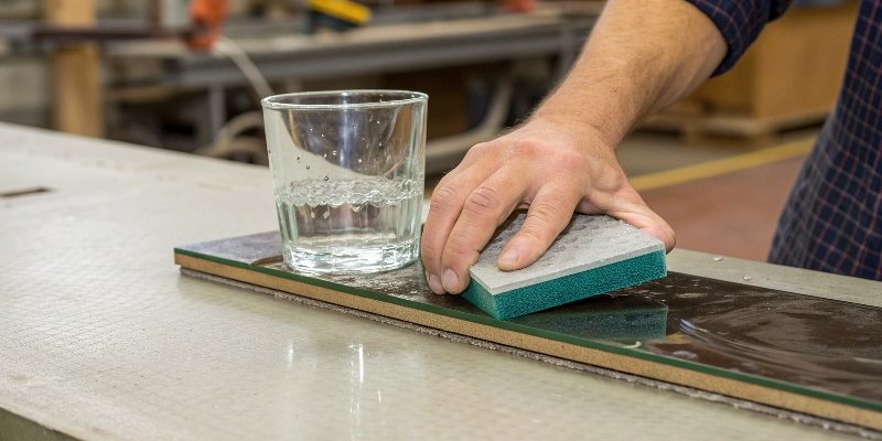 A diamond hand pad being used with water to smooth the edge of a piece of glass