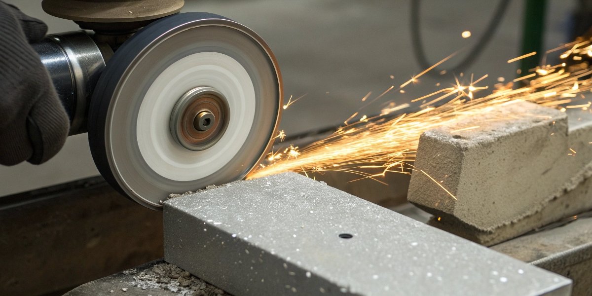 Image of a clean, hard-grade grinding wheel successfully grinding an aluminum block without any visible clogging or loading.