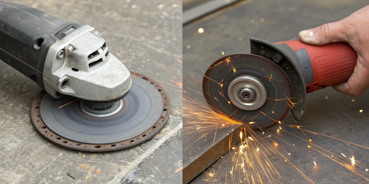 A side-by-side comparison. On the left, a grinder with the correct disc and guard. On the right, a grinder with the guard removed and an oversized disc, marked with a warning symbol.