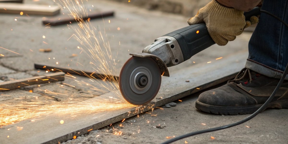A shattered grinding disc next to a grinder to illustrate danger