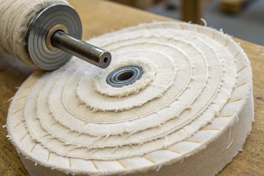 A close-up shot showing the layered fabric construction of a stitched cotton buffing wheel