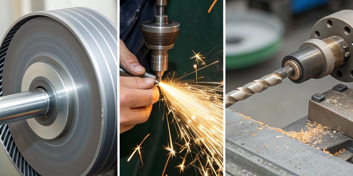 A collage showing a CBN wheel sharpening an end mill, grinding a car's camshaft, and finishing a turbine blade.