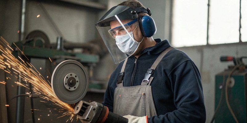 An operator wearing safety glasses, a face shield, and gloves standing in front of a grinder