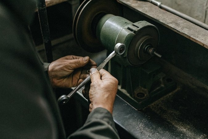 A pair of hands using a wrench to loosen the arbor nut on a bench grinder while the other wheel is held steady