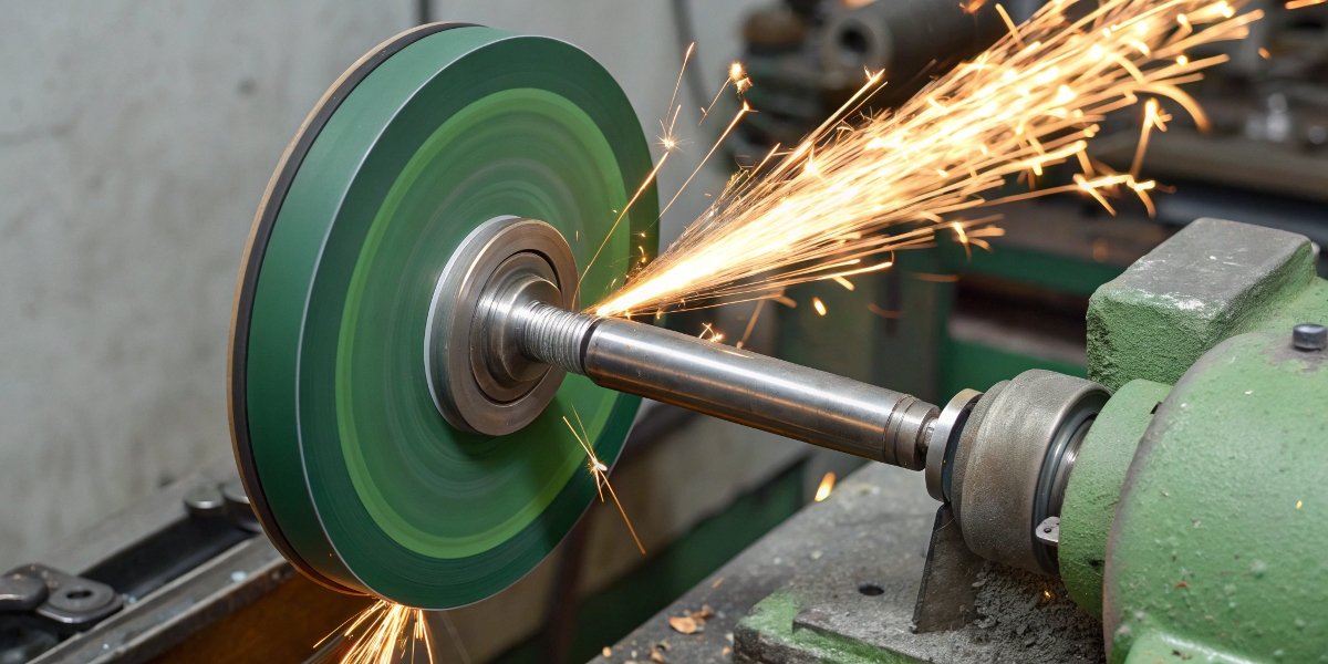 An action shot of a green silicon carbide wheel precisely sharpening a carbide-tipped cutting tool.