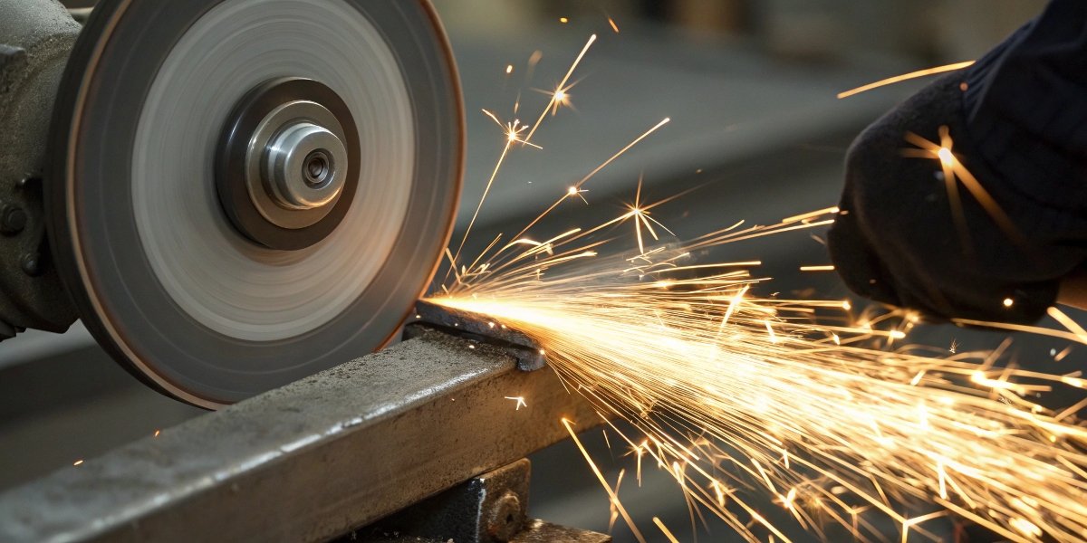 A grinding wheel in action, sending a shower of bright sparks as it grinds a metal part with precision.