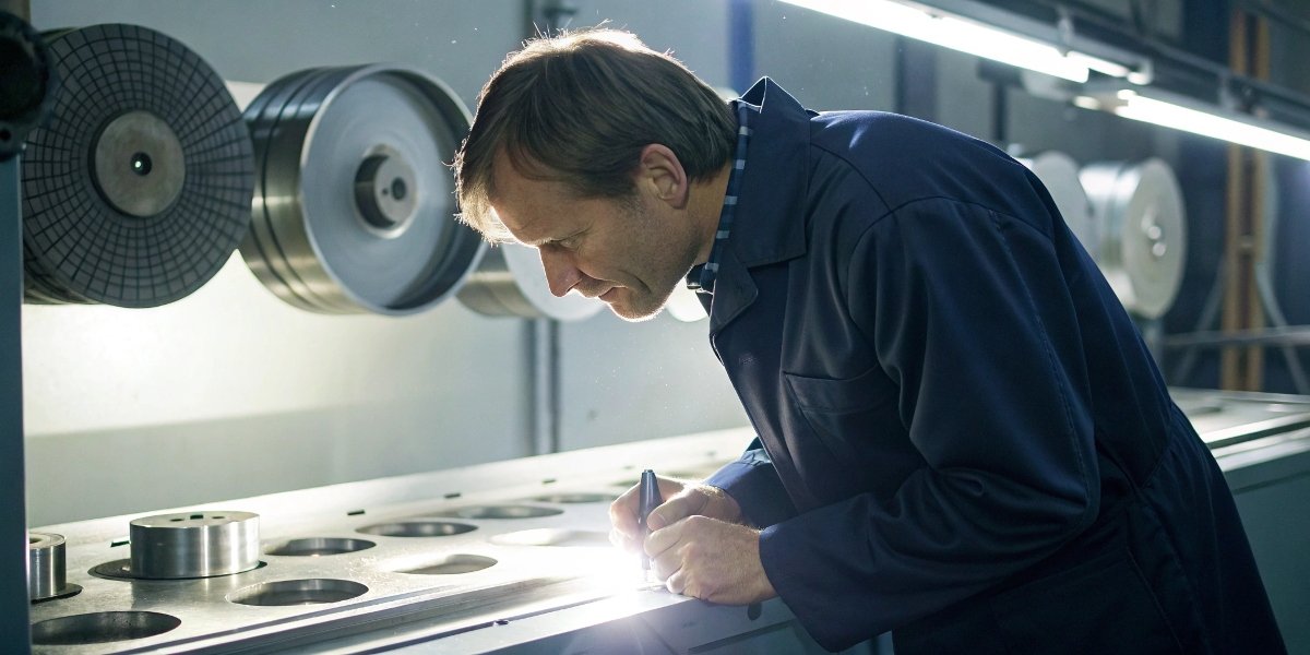 A technical director inspects a metal workpiece under a bright light, comparing its finish to a specification sheet, with various grinding wheels in the background.