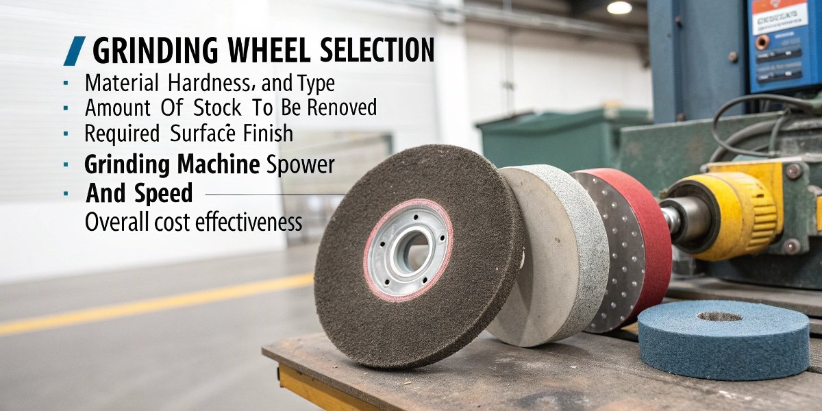 An infographic illustrating the main factors for wheel selection: material, stock removal, finish, machine, and cost.
