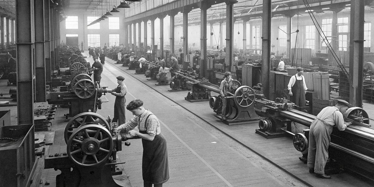 A black-and-white photograph from the early 20th century showing a factory floor filled with belt-driven grinding machines.