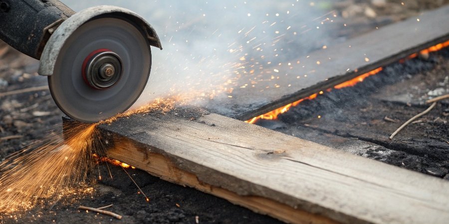 A close-up of a piece of wood with a deep, charred, and smoking groove where a cutoff wheel was used