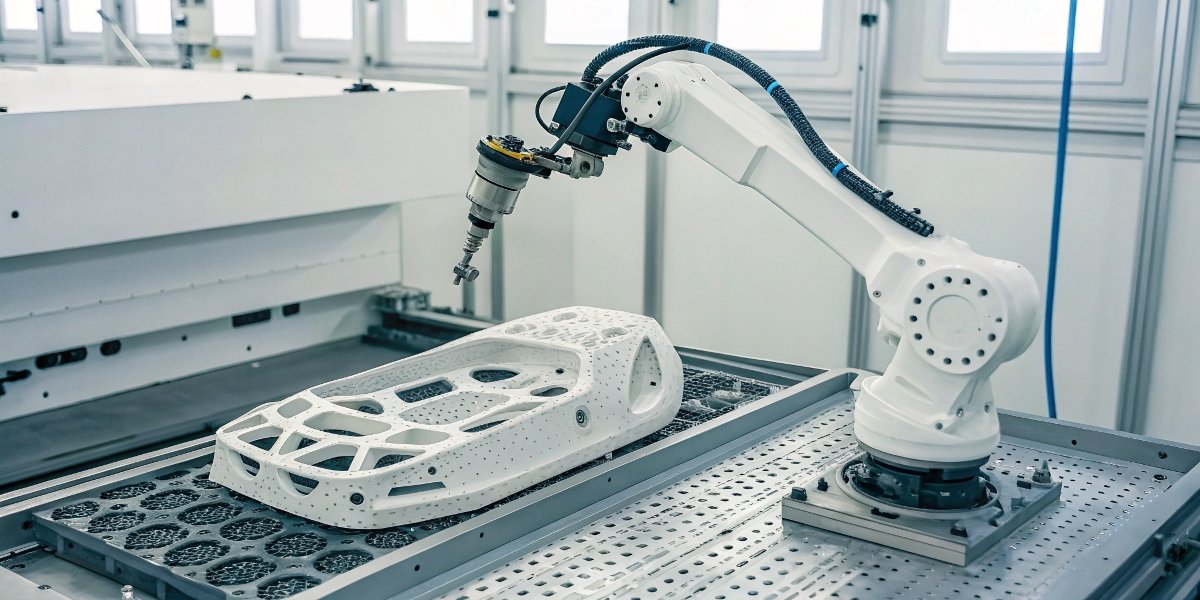 A robotic arm precisely sanding a complex, 3D-printed automotive part in a clean, modern factory setting.