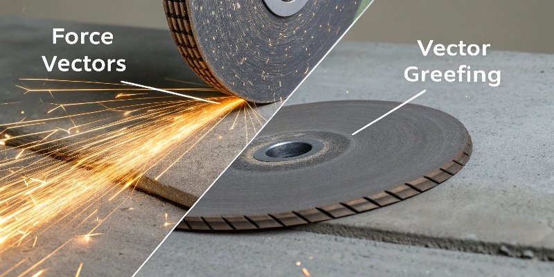 A diagram showing the force vector for cutting (downward slice) versus grinding (angled surface pressure)
