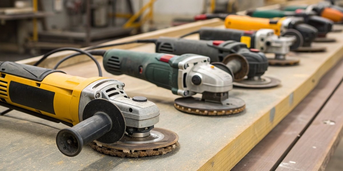 A lineup of professional angle grinders from major brands like DeWalt, Makita, and Bosch.
